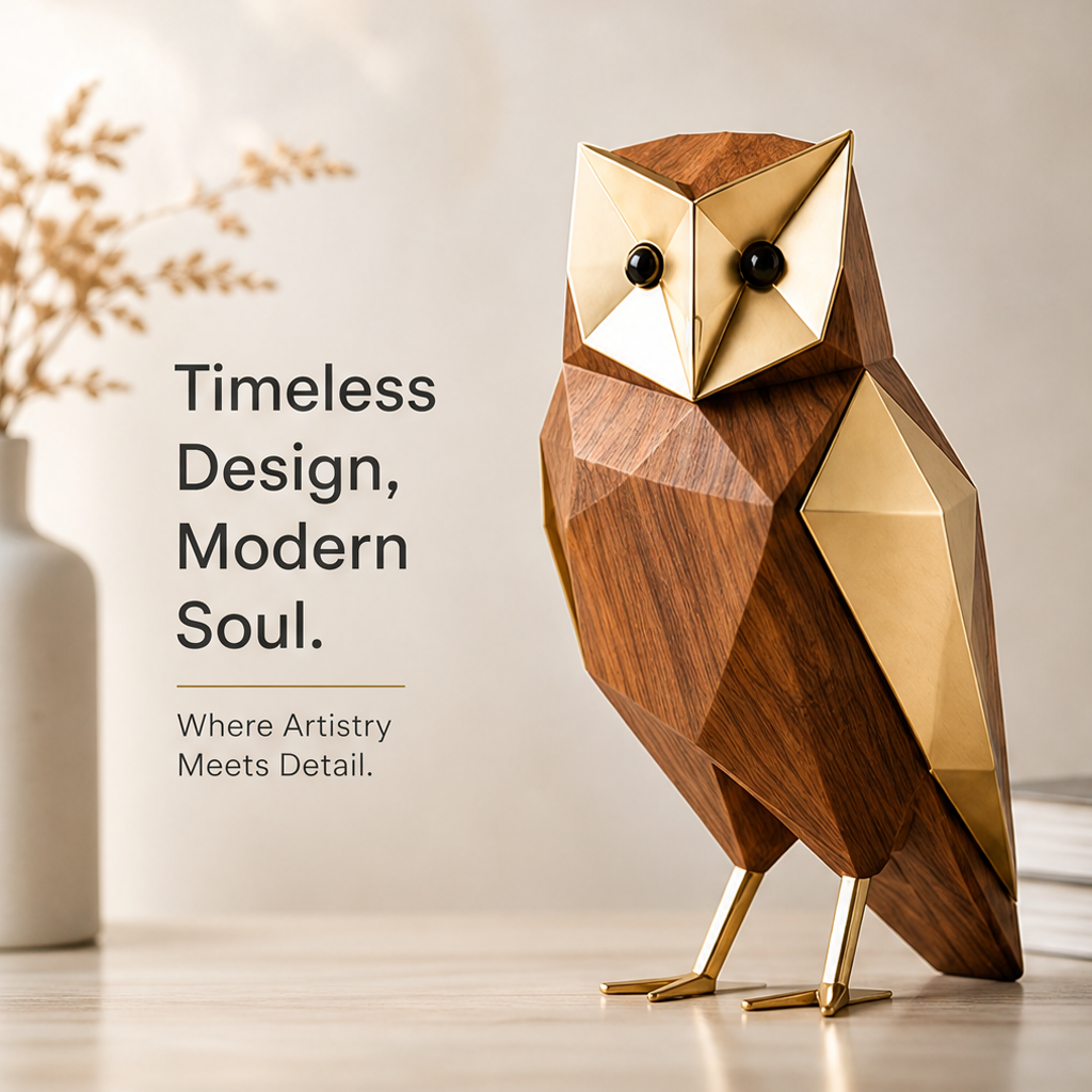 Geometric owl figurine in a neutral interior with the words Timeless Design, Modern Soul