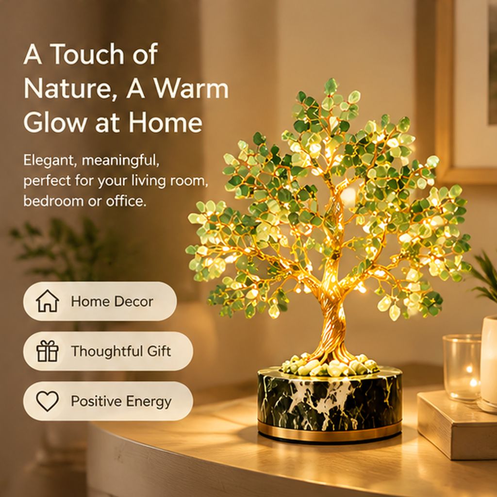 Glowing green stone tree styled on a tabletop with text suggesting home decor and thoughtful gifting