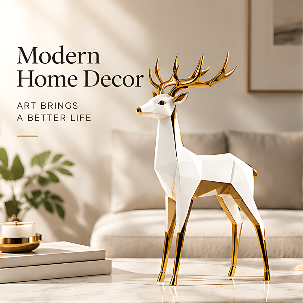 White and gold deer figurine styled on a living room table with books and neutral furnishings