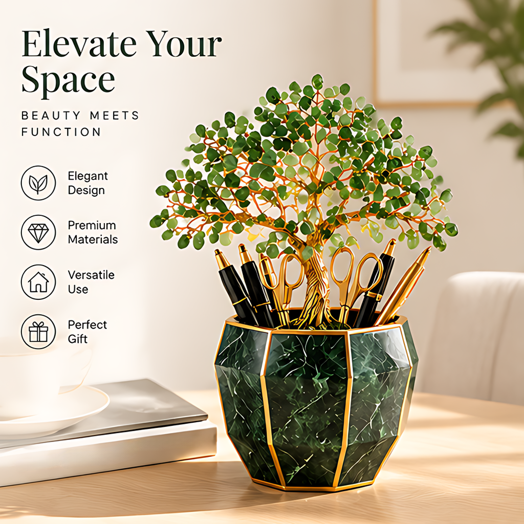 Green and gold decorative tree pen holder with text highlighting design, versatile use, and gifting