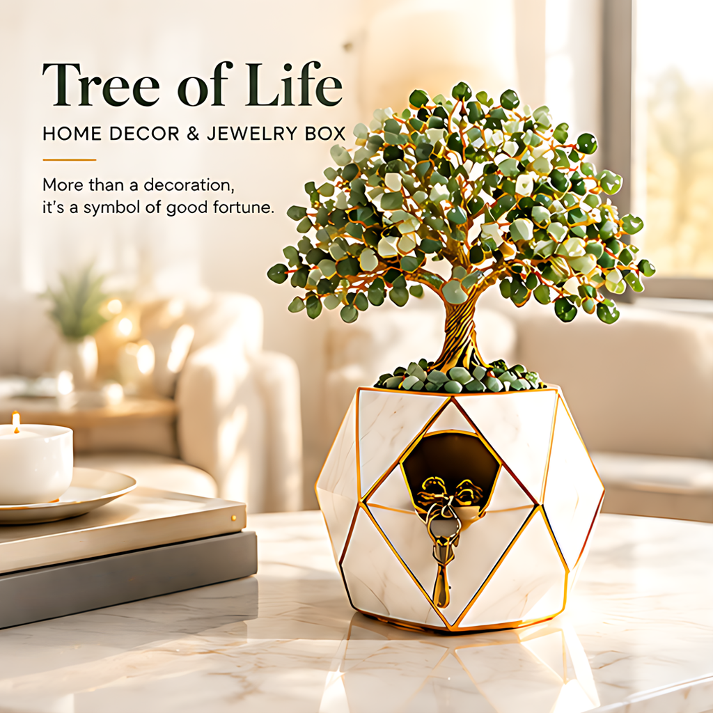 Tree of Life jewelry box displayed beside books with text describing home decor and good-fortune symbolism