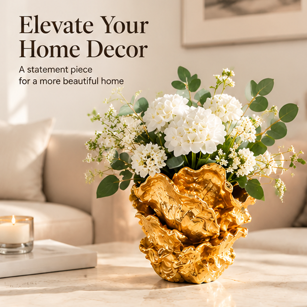 Gold-toned ruffled vase styled on a living room table with white blooms and home decor text