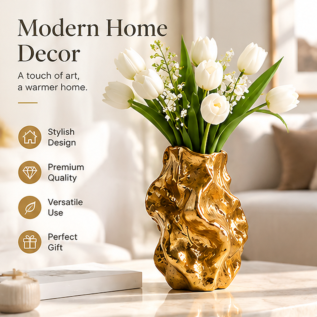 Gold-toned vase with white tulips in a living room display with home decor and gifting text