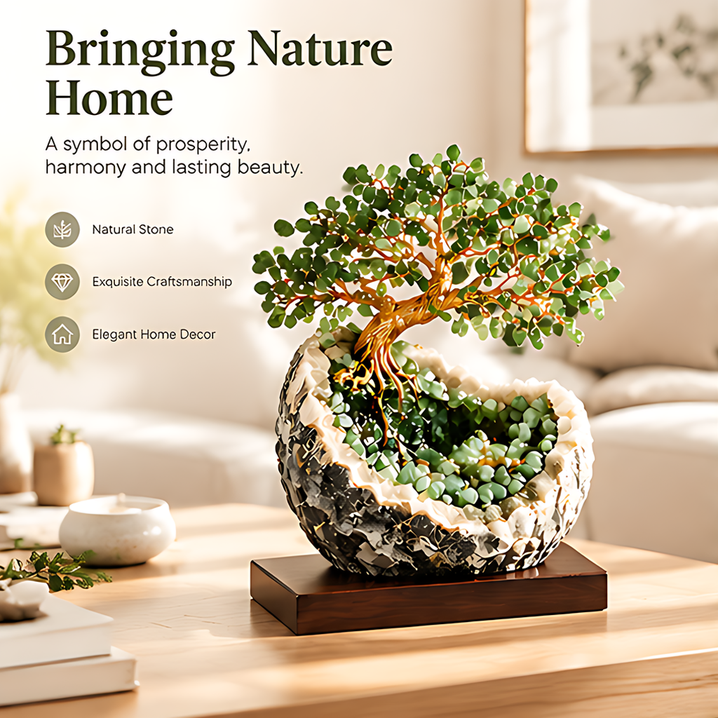 Stone leaf tree sculpture in a living room display with text about prosperity and harmony symbolism