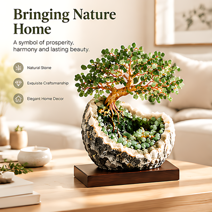 Stone leaf tree sculpture in a living room display with text about prosperity and harmony symbolism