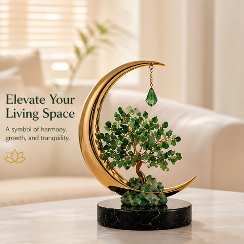 Crescent moon tree sculpture in a neutral room with text about harmony, growth, and tranquility