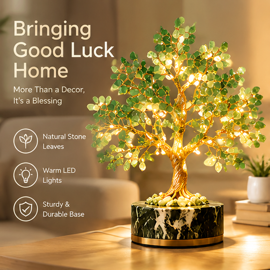 Warm LED stone tree light with text highlighting natural stone leaves and good-luck symbolism