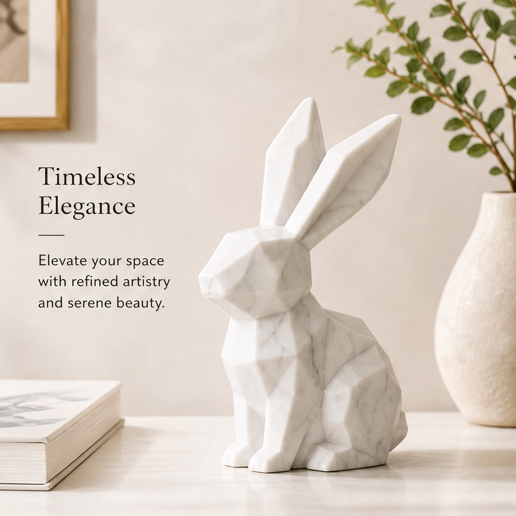 White rabbit figurine styled beside books and greenery with text describing timeless elegance