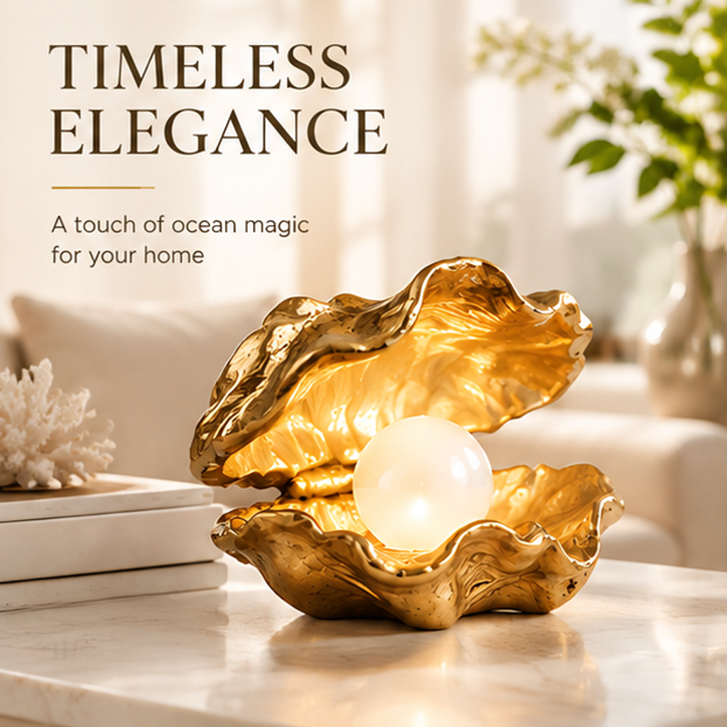 Gold-toned shell lamp styled with neutral books and ocean-inspired decor