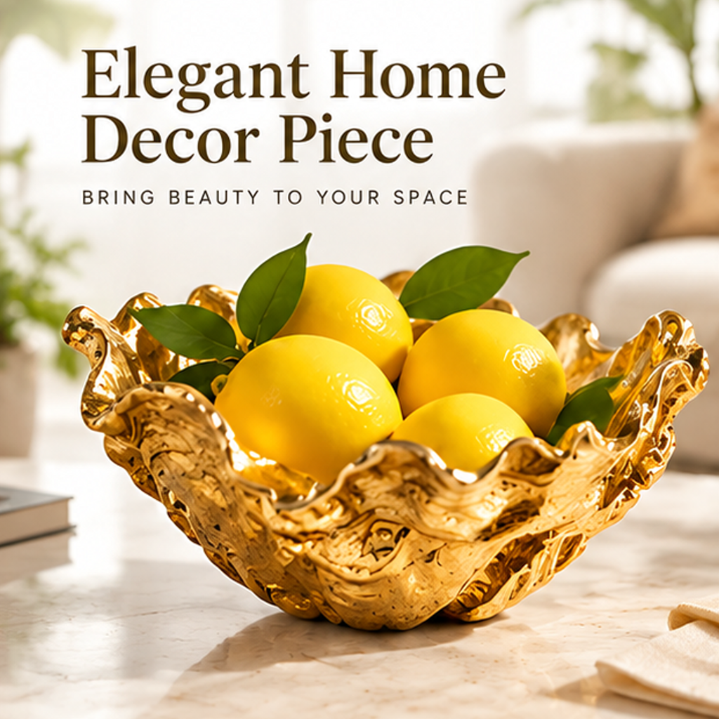 Angled view of a gold-toned decorative bowl styled with lemons in a bright home setting