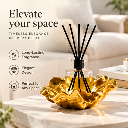 Gold-toned base reed diffuser styled on a tabletop with text about fragrance and elegant design