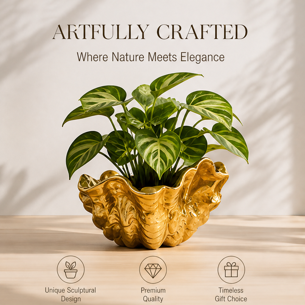 Gold-toned shell planter with text highlighting sculptural design and gifting