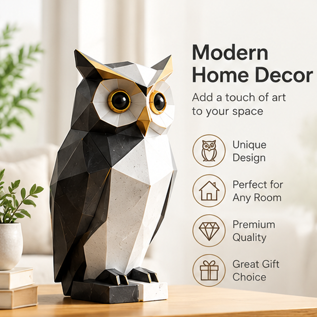 Geometric owl figurine with text highlighting modern design, room styling, and gifting