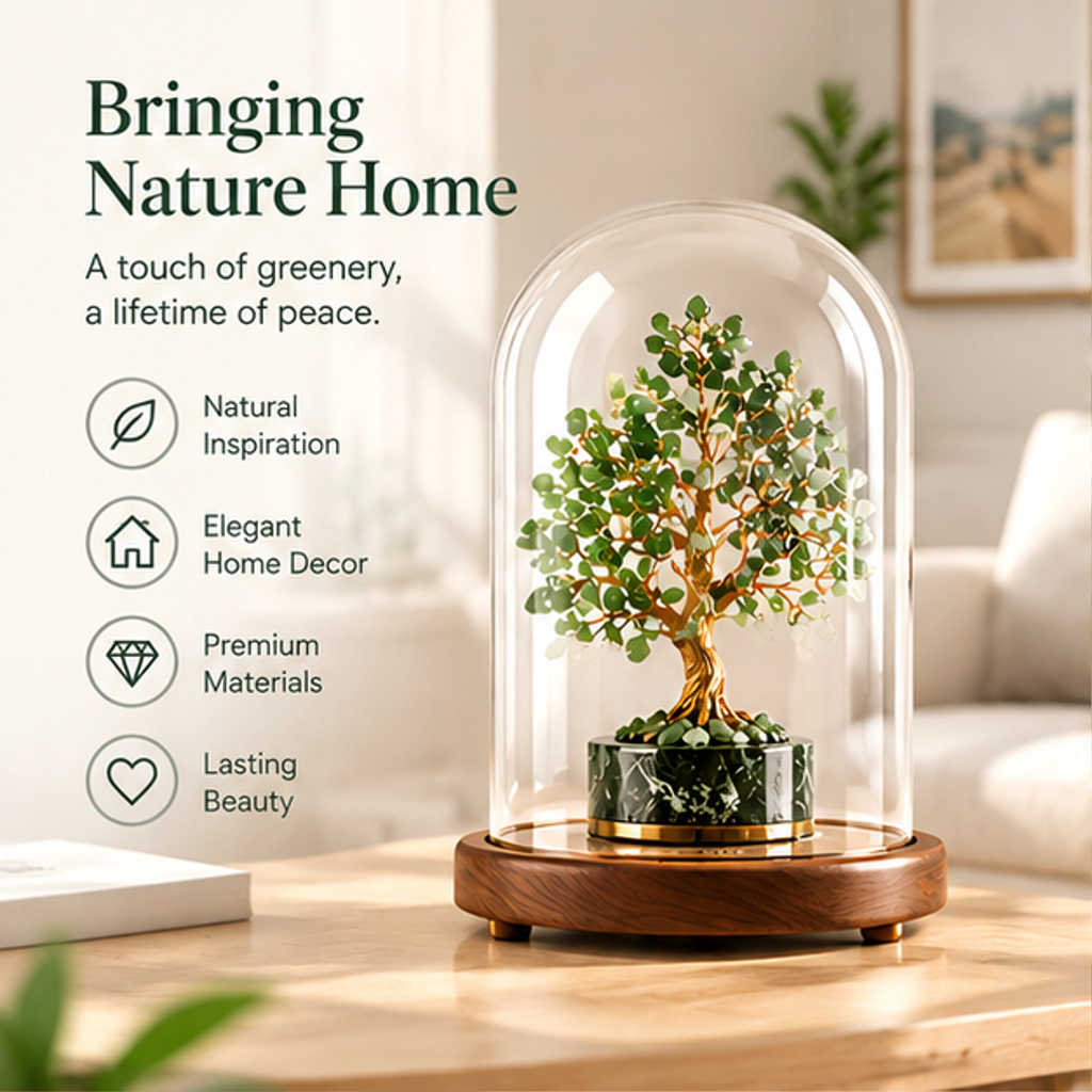Dome-covered decorative tree styled in a neutral living room with nature-inspired decor text