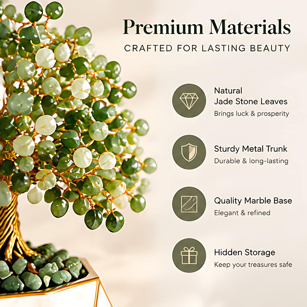 Detail image identifying natural jade leaves, a metal trunk, a marble base, and hidden storage