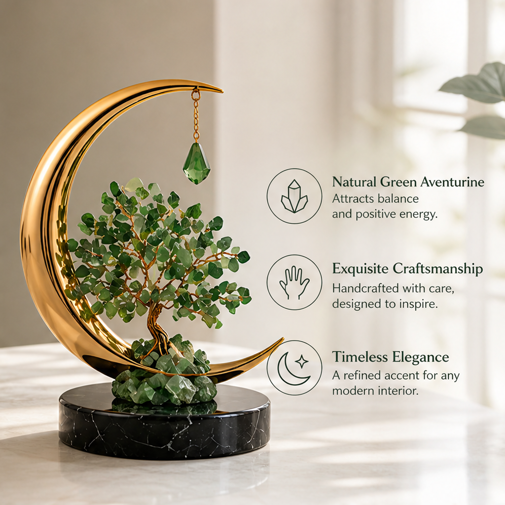 Crescent tree sculpture with text identifying natural green aventurine and handcrafted details