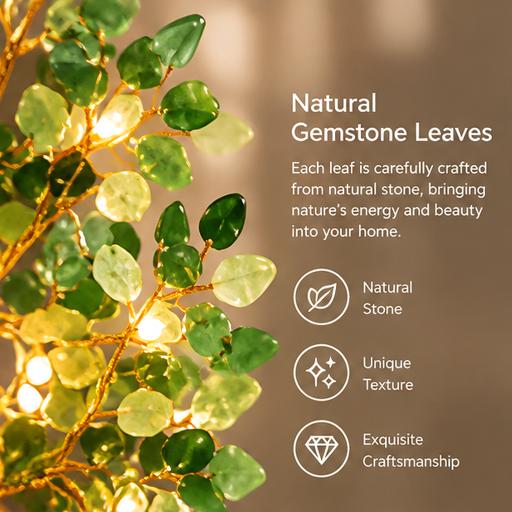 Close-up of green natural stone leaves on gold-toned branches with warm LED lights