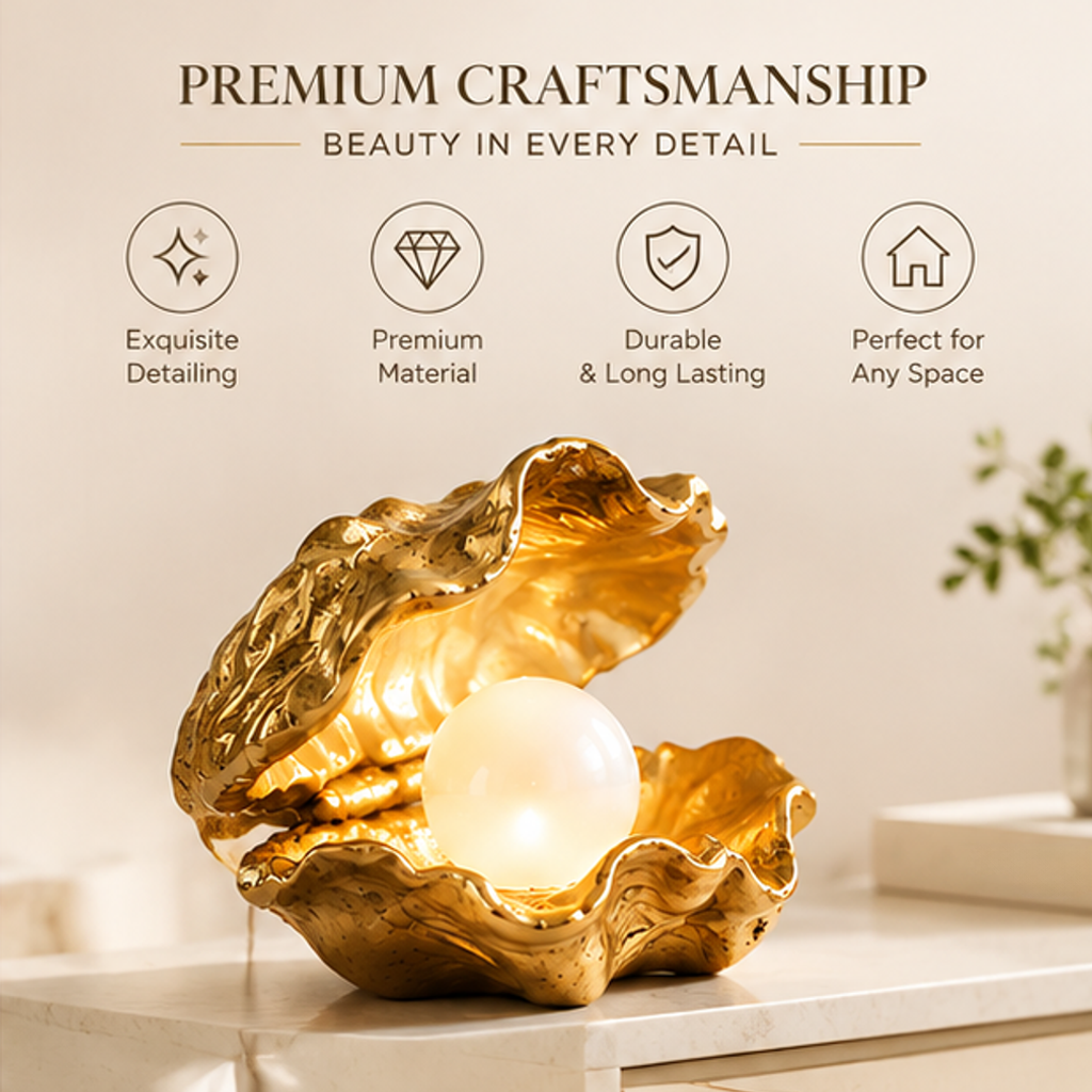 Shell and pearl accent lamp with text highlighting decorative detailing and craftsmanship