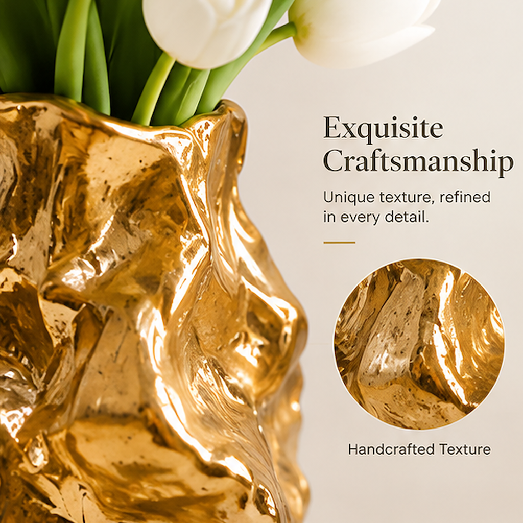 Close-up of the gold-toned vase surface with text identifying handcrafted texture