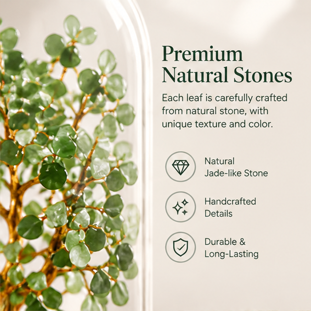 Close-up of green natural stone leaves with text describing jade-like appearance and handcrafted details