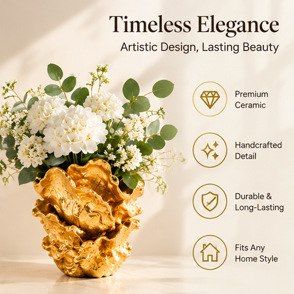 Decorative gold-toned vase with text identifying ceramic construction and handcrafted details