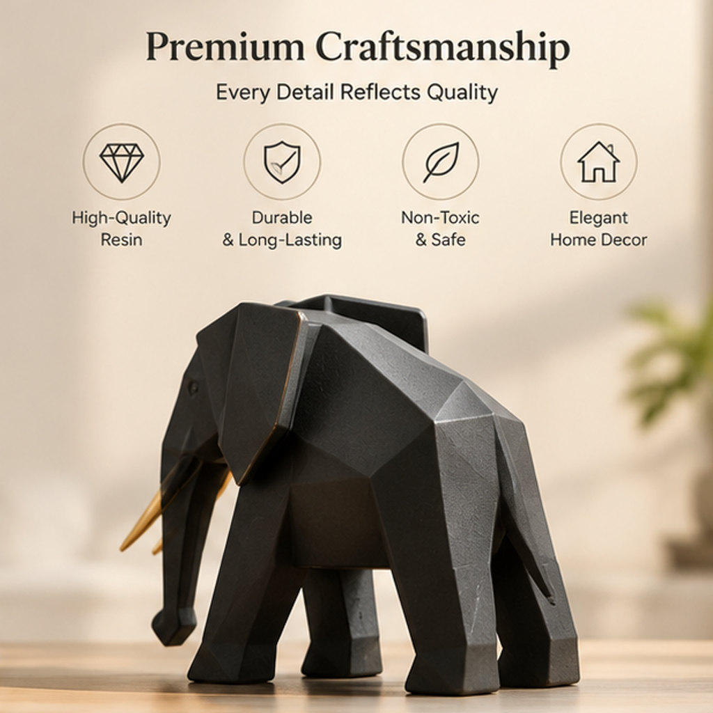 Rear angled view of the geometric elephant with text identifying resin material and craftsmanship