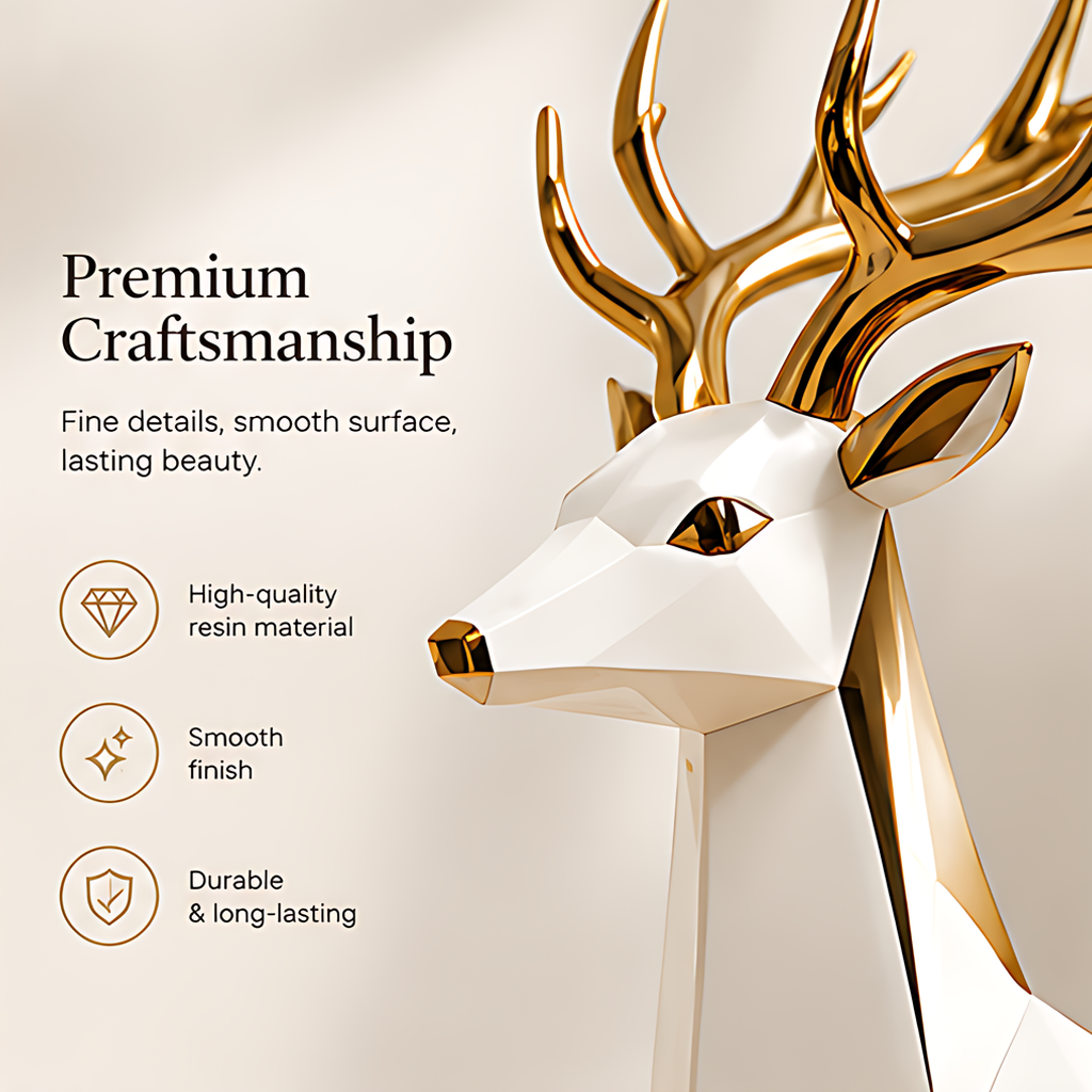 Close-up of deer head and gold-toned antlers with text describing resin material and a smooth finish