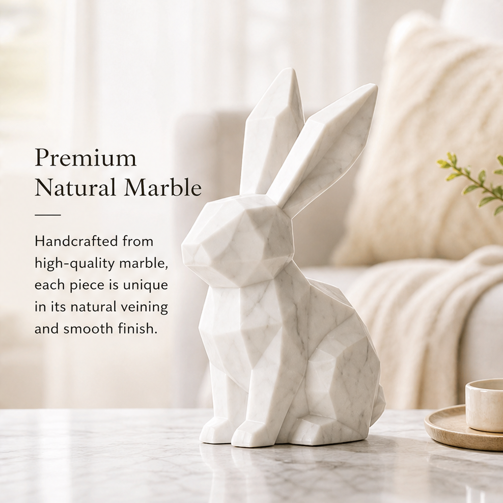 Marble rabbit figurine with text describing natural marble, handcrafting, unique veining, and a smooth finish