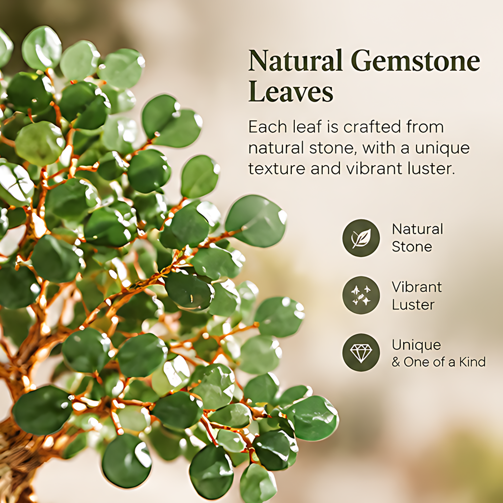 Close-up of lustrous green natural stone leaves attached to gold-toned branches