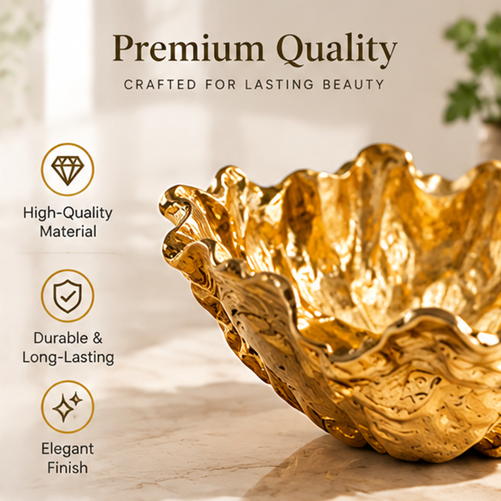 Close-up of the gold-toned bowl's textured exterior, glossy interior, and flowing rim
