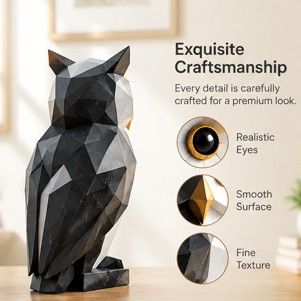 Rear angled view of the owl figurine with close-ups of its eyes, beak, and surface texture