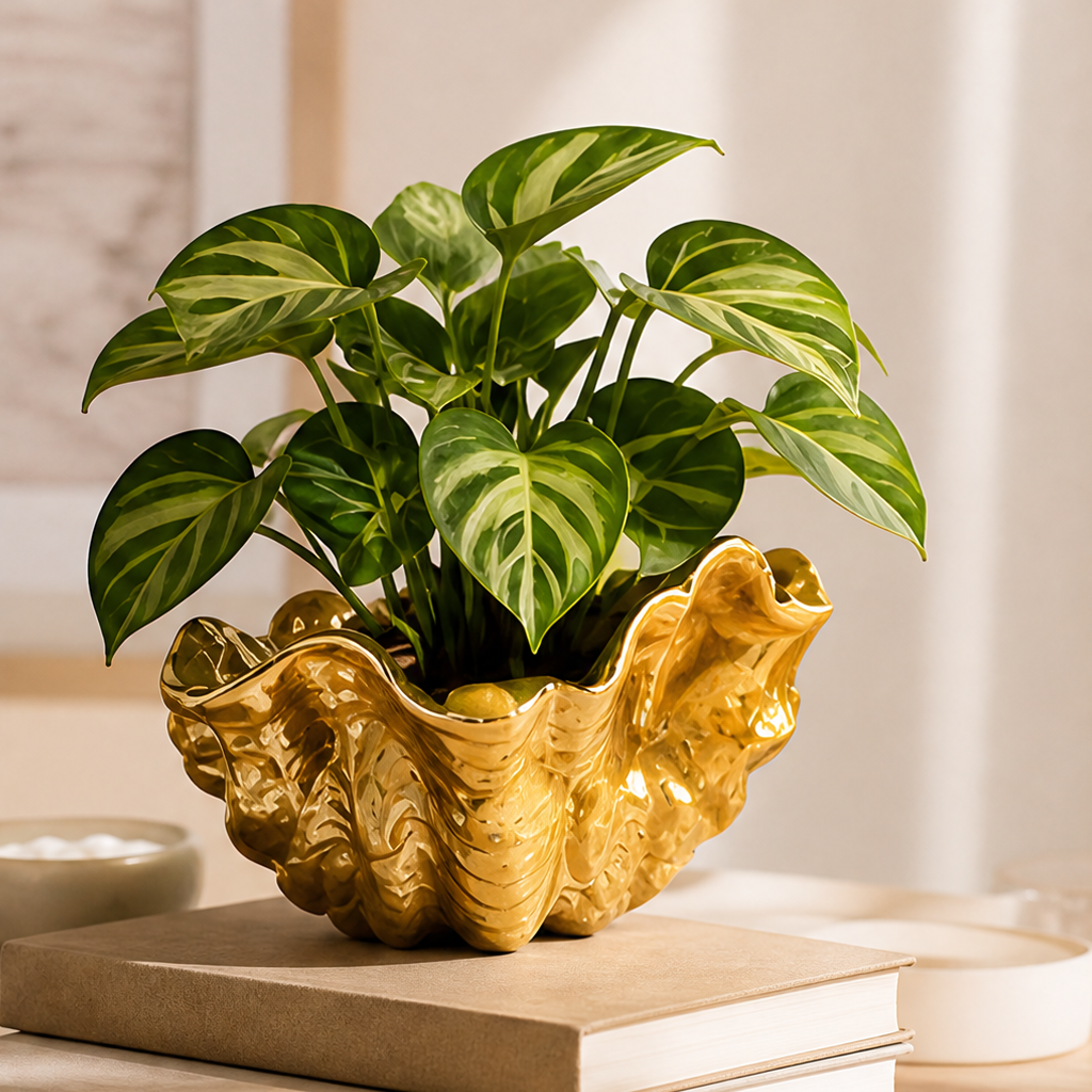 Close angled view of the gold-toned shell planter with green foliage, displayed on neutral books