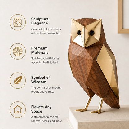 Owl figurine with text highlighting sculptural design, solid wood, brass accents, and wisdom symbolism