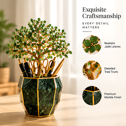 Tree pen holder with close-ups of jade-like leaves, detailed trunk, and marble-look finish