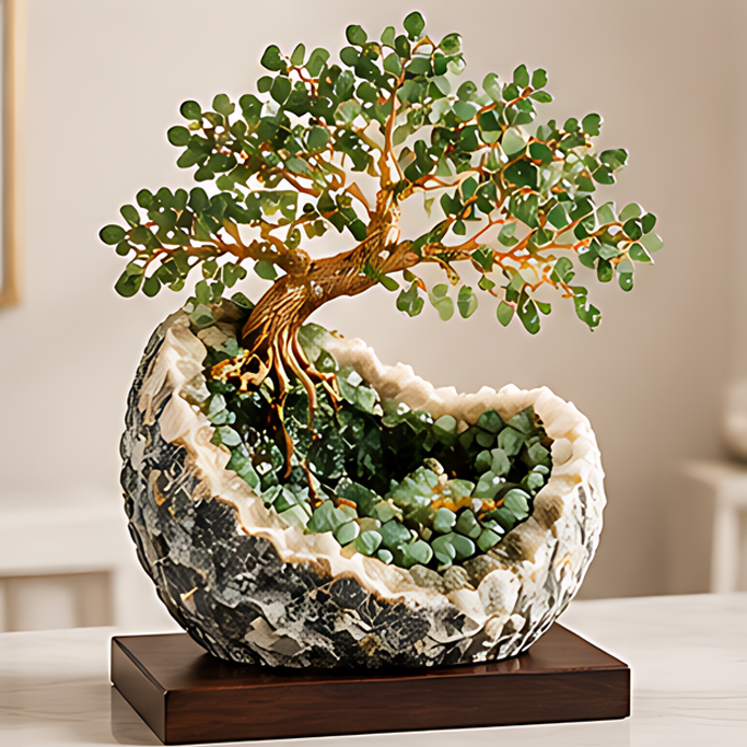 Green natural stone leaf tree with gold-toned branches in a black-and-white bowl-like setting on a dark base