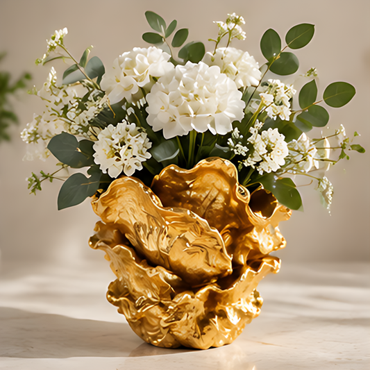Glossy gold-toned sculptural vase with ruffled folds, styled with white flowers and green foliage