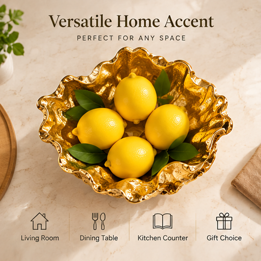 Overhead view of the gold-toned ruffled bowl with lemons and suggested home styling locations