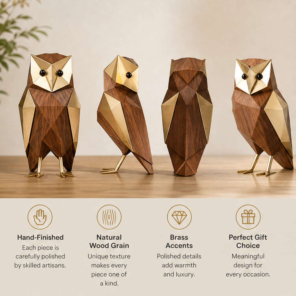 Front, side, back, and angled views of the owl figurine with text describing wood grain and brass accents
