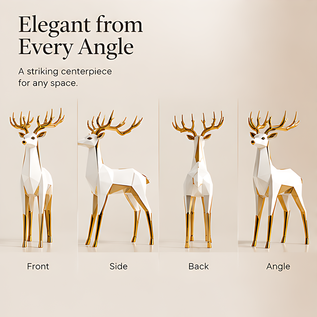 Front, side, back, and angled views of the white and gold geometric deer figurine