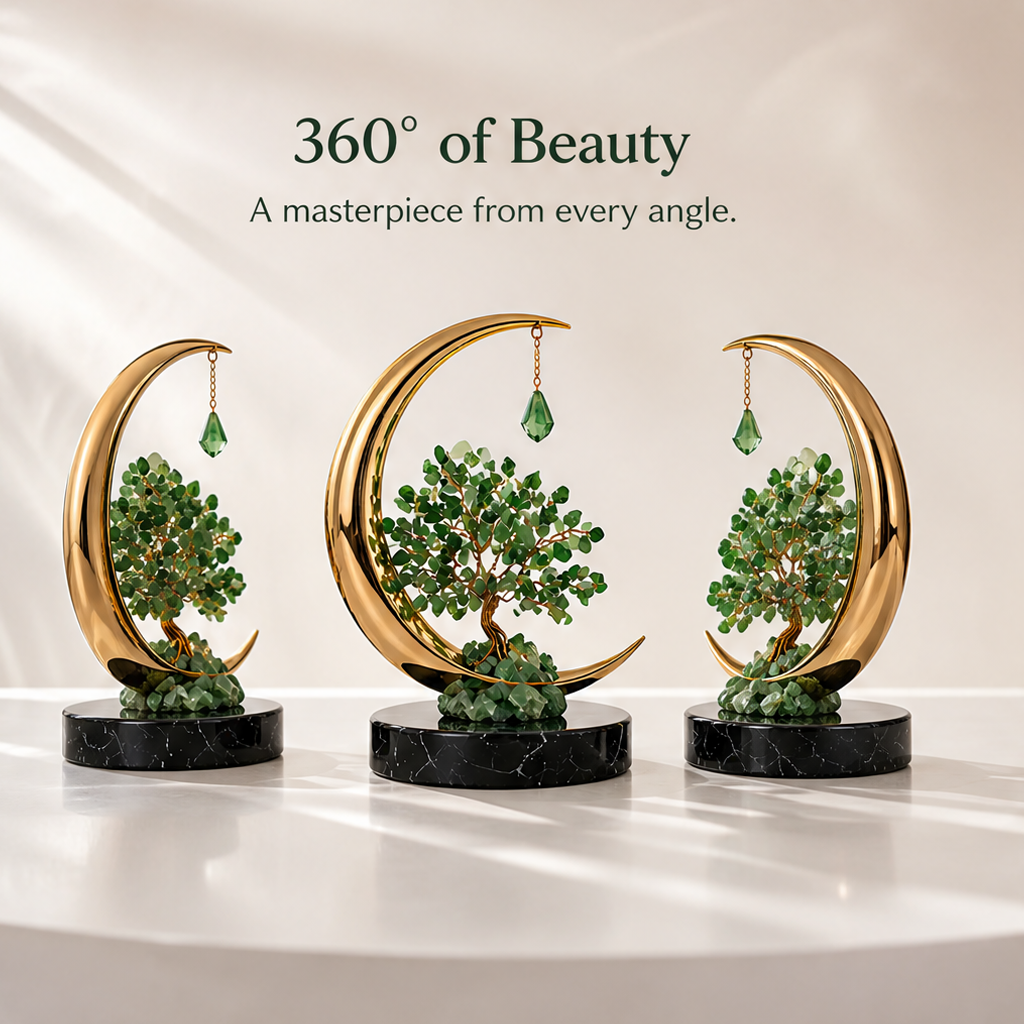 Three angled views of the crescent moon tree sculpture showing the canopy, hanging drop, and circular base