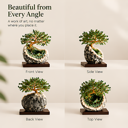 Front, side, back, and top views of the decorative stone leaf tree sculpture