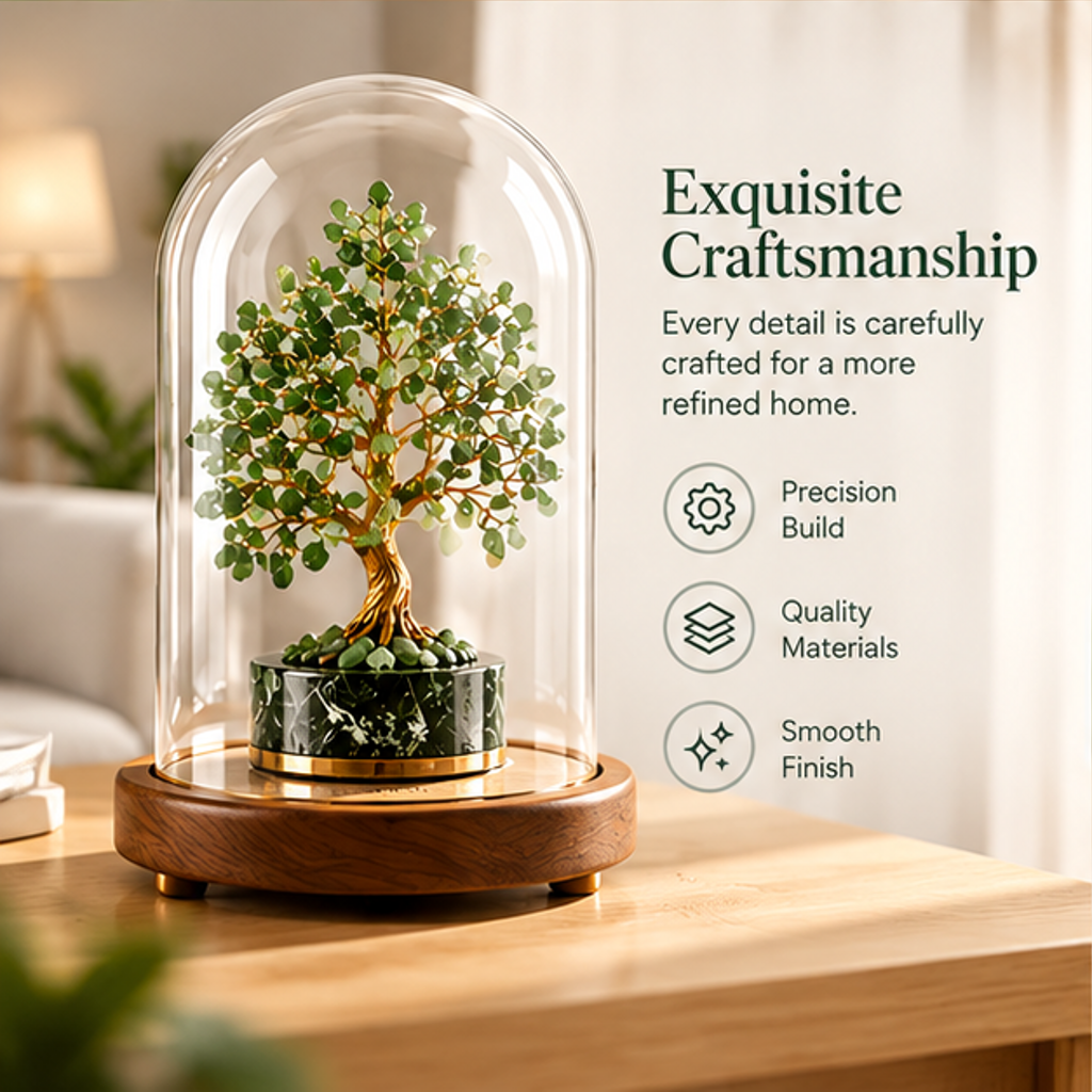 Tree dome display with text highlighting craftsmanship and a smooth finish