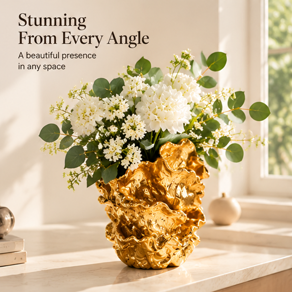 Angled view of the sculptural gold-toned vase with white flowers beside a window
