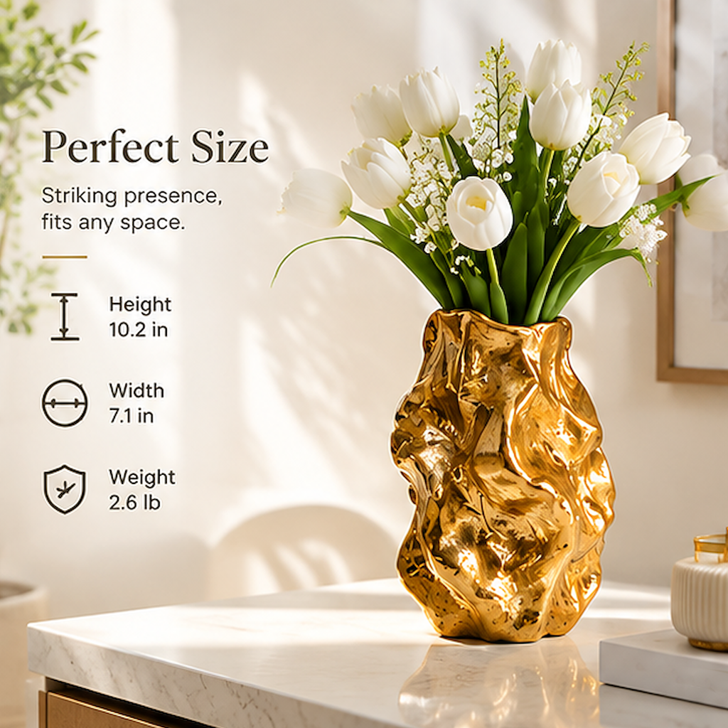 Vase specification image listing height 10.2 inches, width 7.1 inches, and weight 2.6 pounds