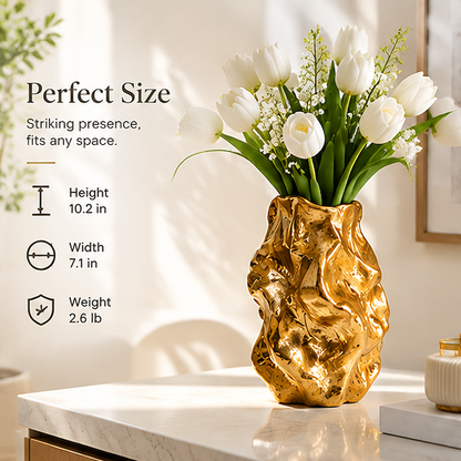 Vase specification image listing height 10.2 inches, width 7.1 inches, and weight 2.6 pounds