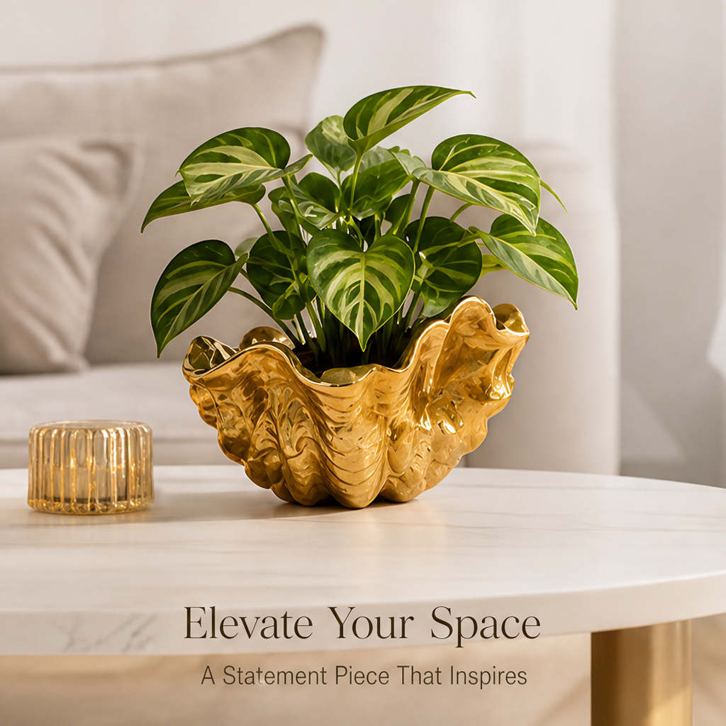 Shell planter styled on a living room table beside a gold-toned accessory with statement decor text
