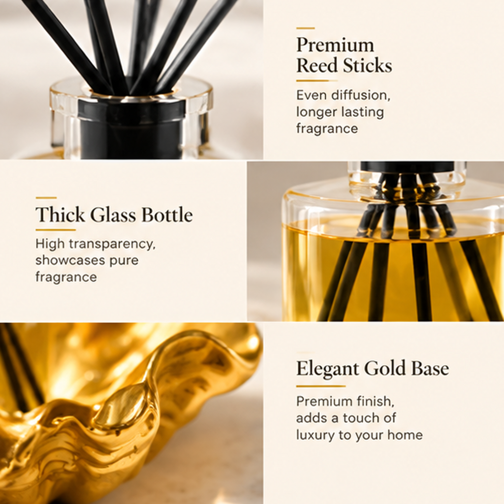 Detail views of black reed sticks, thick glass bottle, and the glossy gold-toned decorative base