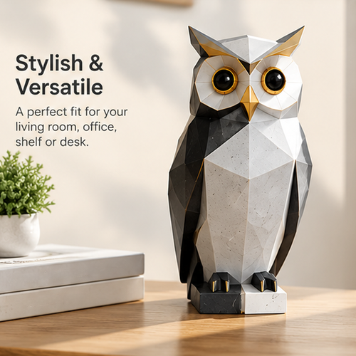 Front view of the black and white owl figurine beside books with text suggesting living room and office displays