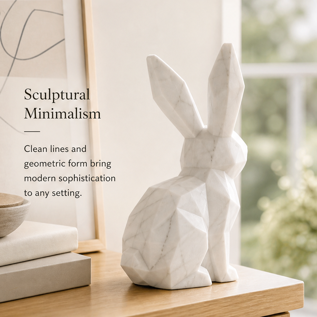 Angled view of a faceted white rabbit figurine beside books with text about sculptural minimalism