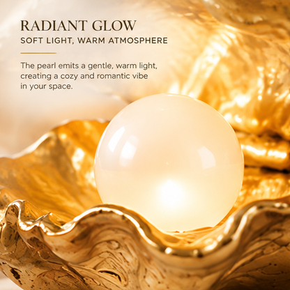 Close-up of the glowing pearl-shaped orb and rippled shell interior with warm light description